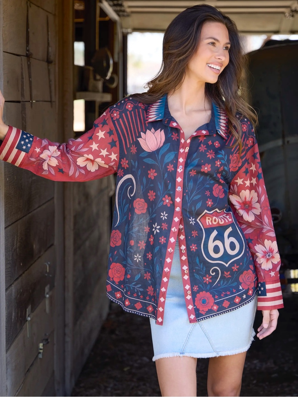 NWT Natural Life Barcelona Americana Route 66 Cotton Button Down Shirt Sz Small